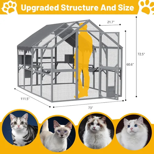 Vista 2 de Catio grande de madera para exteriores de 110 pulgadas, recintos para gatos al aire libre, cubierta resistente a la intemperie, dos puertas