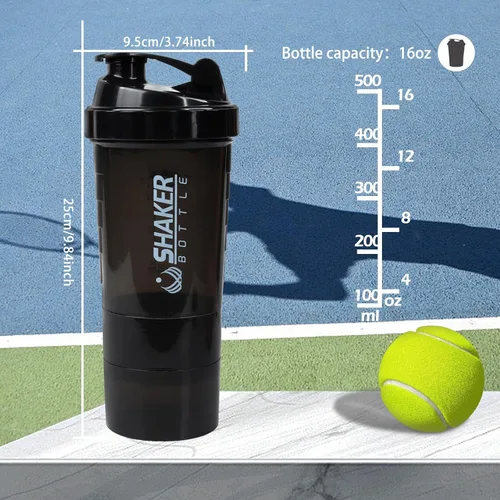 Vista 3 de Botella agitadora - Taza agitadora de proteínas con compartimentos de almacenamiento - Botellas de batido para entrenamiento a prueba de fugas