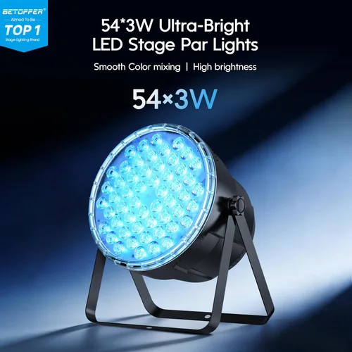 Vista 2 de BETOPPER - Luces par con control remoto, 54 x 3 W LED RGB 3-en-1 luces de escenario DMX luces de DJ, luces estroboscópicas y de lavado de brillo