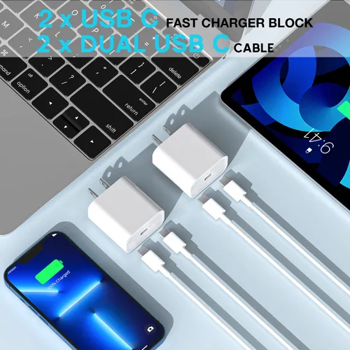 Vista 6 de Cargador de carga rápida para iPhone 17 16 15, paquete de 2 unidades, 20 W, USB C, cargador de pared de viaje, bloque de enchufe, cable de carga