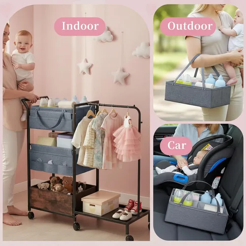 Vista 4 de Organizador de pañales para bebé, carrito rodante de 3 niveles con estante de ropa para niños, carrito de utilidad móvil con divisores y cajones