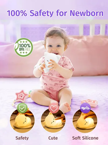 Vista 5 de Mubarek - Luz Nocturna para Niños, lámpara de luz nocturna atenuable de 16 colores, luz nocturna de silicona con control remoto para guardería