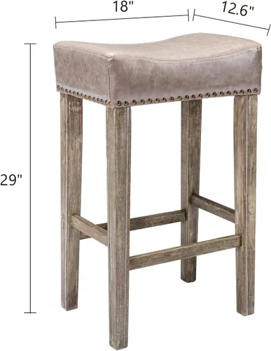 Vista 3 de Juego de 4 taburetes de bar con asiento de silla de montar de 29 pulgadas, taburetes de bar de piel sintética, sillas de bar de madera con cabeza