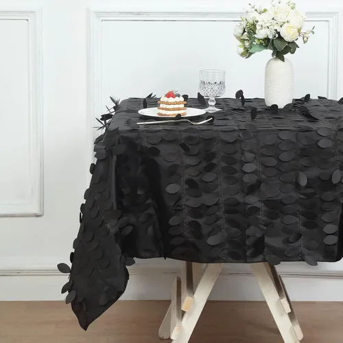 Vista 2 de TABLECLOTHSFACTORY - Mantel cuadrado de tela de tafetán de pétalos de hojas 3D de 54 pulgadas, color negro