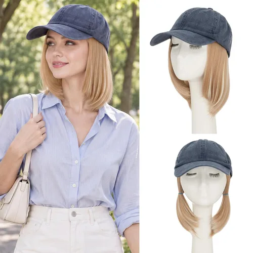 Vista 39 de S-noilite Gorra de béisbol de 6 pulgadas con peluca corta de peinado Bob