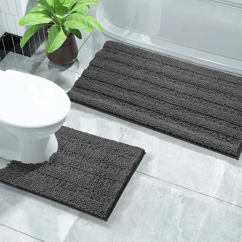 Vista 17 de Yimobra Juego de 2 alfombras de baño de felpilla suave y absorbente y alfombra para inodoro en forma de U, antideslizante, lavable a máquina