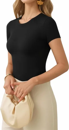 Vista 2 de MANGOPOP - Body de cuello redondo para mujer, manga corta y manga larga, camisetas ajustadas y básicas A1 Manga Corta Negro