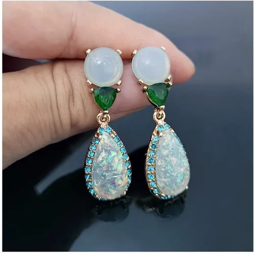 Vista 3 de Pendientes de tuerca de lujo de ópalo artificial de moda verde esmeralda