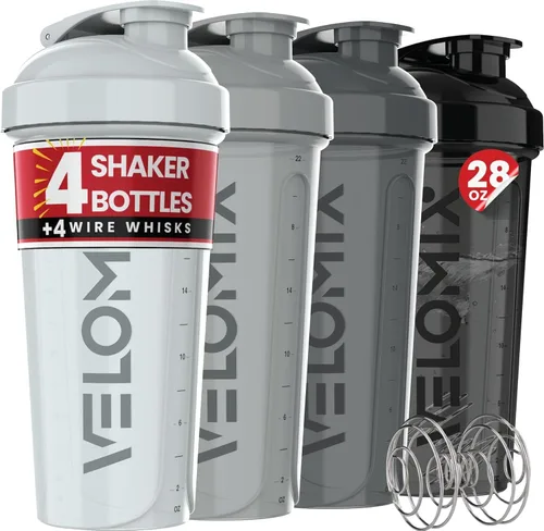 Vista 12 de VELOMIX -Paquete de 4 botellas mezcladoras de proteínas de 28 onzas para mezclas de proteínas - 4 batidores de alambre Vasos agitadores a prueba