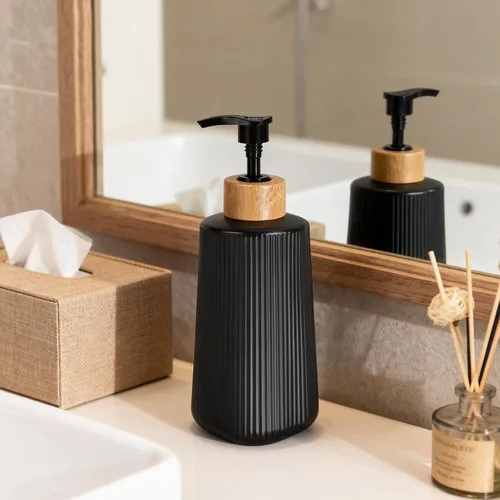 Vista 4 de Dispensador de jabón de vidrio negro, dispensador de jabón de manos de vidrio grueso para baño, botellas de líquido para lavar platos de cocina