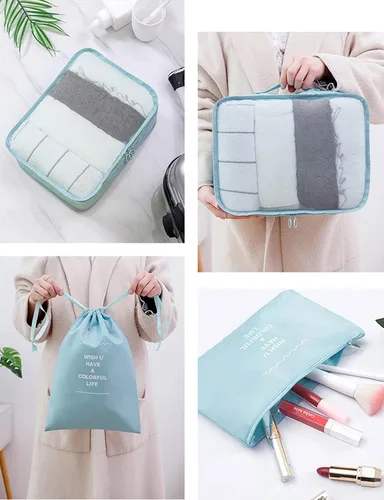 Vista 4 de GuaziV Juego de 9 cubos de embalaje bolsas de equipaje de viaje con bolsa de aseo colgante azul