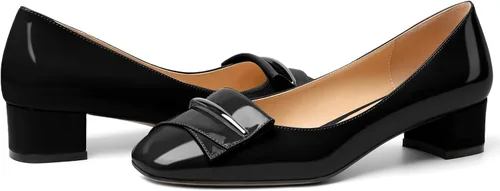 Vista 4 de Zamikoo Zapatos de tacón de bloque para mujer, punta cuadrada, tacones bajos gruesos, zapatos de vestir de tacón con lazo para oficina, boda