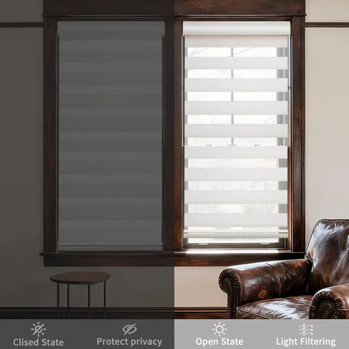 Vista 5 de MYshade Persianas Cebra Sin Cordón con Función de Parada Libre - Filtrado de Luz de Doble Capa y Cortinas Translúcidas de Privacidad para Día y Beige
