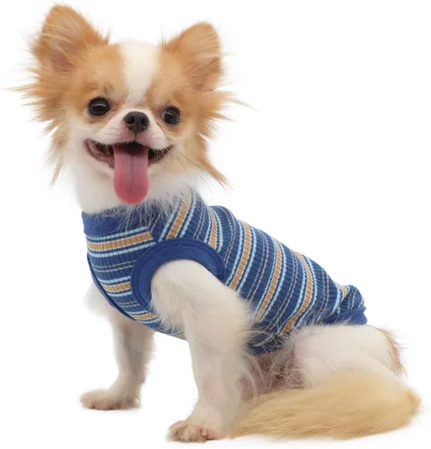 Vista 2 de LOPHIPETS - Camisa de algodón 100% con costillas para perros pequeños, chaleco para cachorros, ropa para perros Chihuahua, camiseta tipo tank - Azul