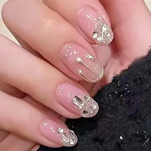 Vista 10 de RikView uñas postizas blancas en forma de almendra de longitud media, uñas adhesivas naturales, uñas en relieve con diseño de margarita