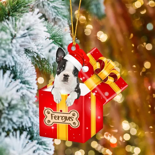 Vista 15 de Adorno de Navidad personalizado de Akita Inu, nombre personalizado Akita Inu para árbol de Navidad, en caja de regalo roja