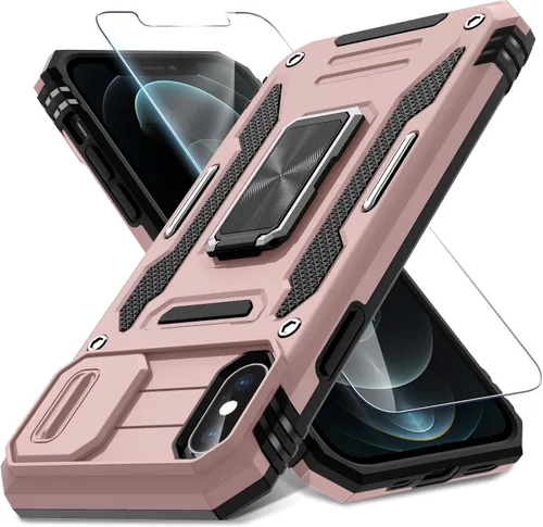Vista 240 de DEERLAMN Funda para iPhone Xs Max con funda deslizante para cámara + protector de pantalla, soporte giratorio de anillo de grado militar a prueba