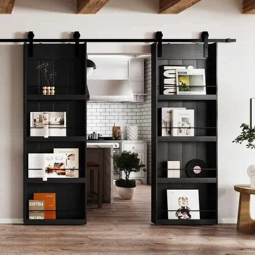 Vista 15 de BARNER HOME Puerta corrediza de granero de 30" x 84", puerta de granero estilo estante con kit de herrajes de 6 pies, hecha de MDF imprimado Negro