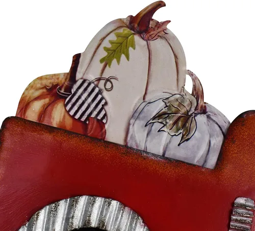 Vista 7 de Cartel de bienvenida intercambiable de metal rojo para camioneta, con carga con calabaza, árbol de Navidad, decoración de temporada de jardín