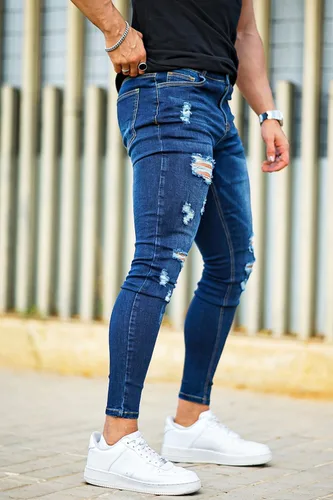 Vista 4 de Gingtto jeans entallados elásticos para hombre, de corte ajustado, rasgados, gastados