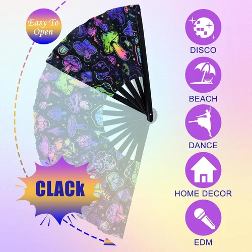 Vista 5 de Ventilador plegable Rave, ventilador de mano grande Clack, brillo UV, festival, plegable, de mano, accesorios de traje para mujeres, hombres