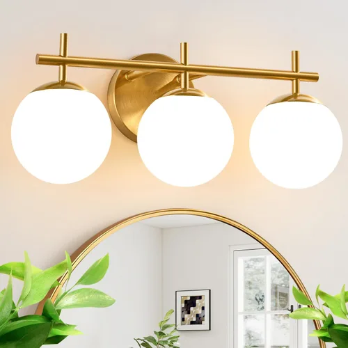 Vista 8 de Juego de dos apliques de pared dorados, paquete de 2 lámparas de baño de oro cepillado con vidrio de globo blanco lechoso, apliques modernos