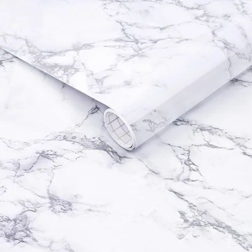 Vista 9 de Papel de mármol Arthome, papel pintado autoadhesivo, resistente al agua, vinilo de PVC brillante, a prueba de aceite, papel de granito blanco/gris