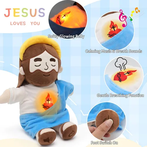 Vista 3 de Yelakey Muñeco de Jesús de Peluche Relajante con Luz y Sonido, Muñeco de Jesús Respirante de 15" de Peluche Suave Cristiano Católico Regalo Azul
