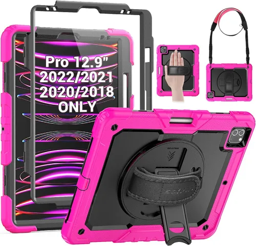 Vista 12 de SEYMAC Funda para iPad Pro 12.9 2022/2021/2020/2018, resistente protección a prueba de golpes con protector de pantalla, soporte giratorio de 360°