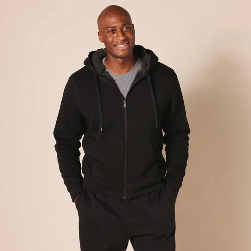 Vista 5 de Tienda Essentials Sudadera de vellón con capucha, con forro de sherpa y cierre completo de cremallera para hombre
