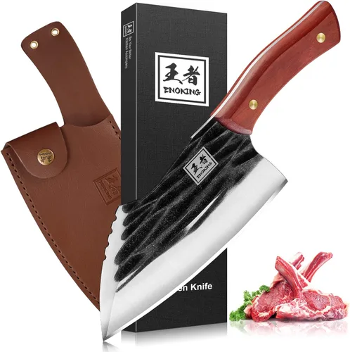 Vista 12 de ENOKING Cuchillo de carnicero de 5.7 pulgadas, cuchillo forjado a mano resistente para huesos con mango de madera, cuchillo de carnicero de espiga