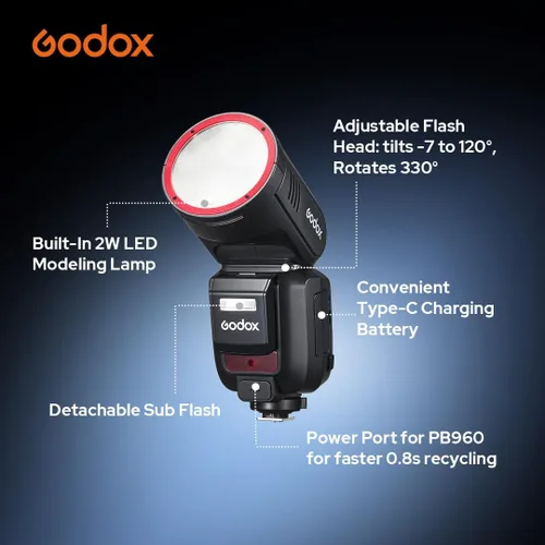 Vista 7 de Godox V100S para Sony V100 S Flash V100-S Flash de pantalla táctil de cabeza redonda, batería de litio integrada, lámpara de modelado LED de 10