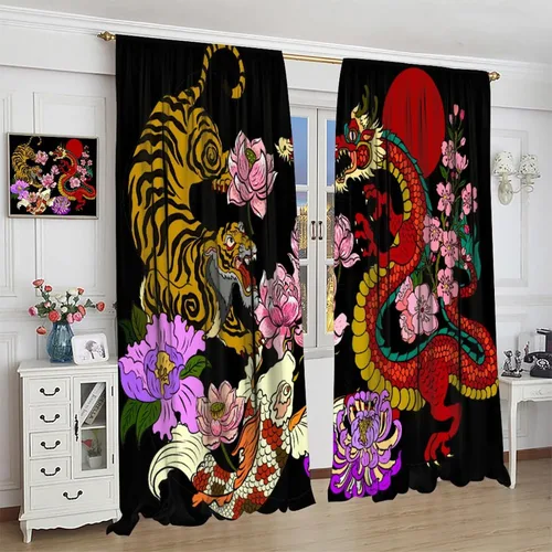 Vista 4 de Cortinas de dragón morado, cortinas opacas de dragón de animales de surf, cortinas de ventana con estampado de olas marinas asiáticas japonesas