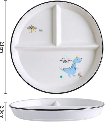 Vista 2 de 1 plato de cerámica para control de porciones de dinosaurio, plato dividido para comer racional, plato de postre dividido, plato de ensalada, plato