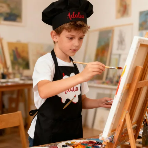 Vista 7 de Delantal personalizado para niños con bolsillo para nombre, sombrero de chef personalizado y delantal para cocina, cocina, hornear, pintura