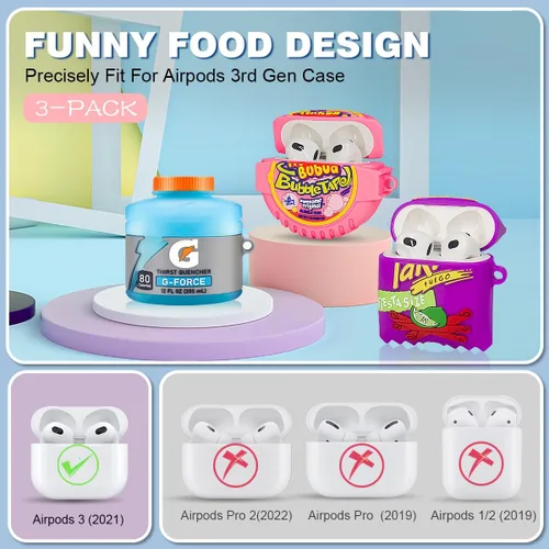 Vista 2 de Linda funda para Airpods 3, paquete de 3, funda de silicona Kawaii de dibujos animados 3D para Airpods de 3ª generación, diseño divertido
