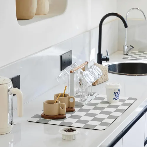 Vista 20 de Ohocut Tapete de secado de platos a cuadros para encimera de cocina, accesorios de estación de cafetería, estética, retro, moderna, absorbente