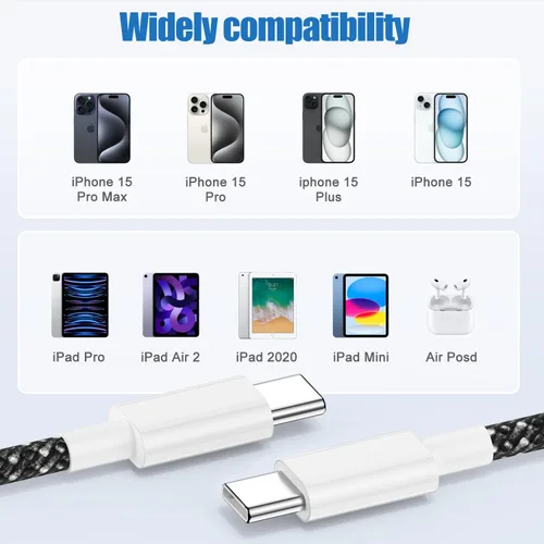 Vista 6 de Cable de carga USB C a C de 10 pies, 60W, tipo C a C, cable de carga rápido largo para Apple iPhone 17 Pro Max/17 Air/16 Pro Max/15 Plus, MacBook