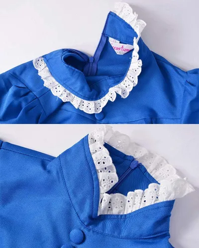 Vista 4 de miccostumes Disfraz de sirvienta para mujer, vestido de manga larga cerúleo con delantal blanco