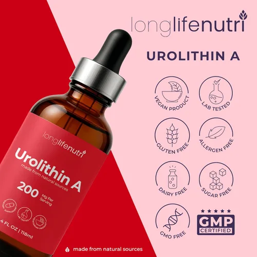 Vista 6 de Suplemento líquido de urolitina A, 200 mg por porción de 0.1 fl oz, botella de 4 onzas líquidas, formulado en EE. UU., Alternativa a la cápsula