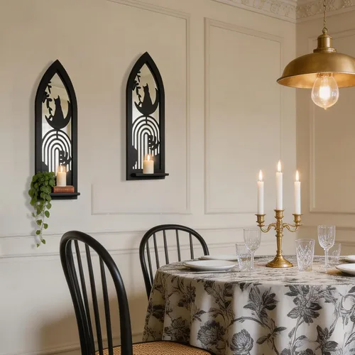 Vista 6 de Juego de 2 candelabros de pared de madera, portavelas rústico con espejo, marco de madera tallada, decoración de pared colgante para sala de estar