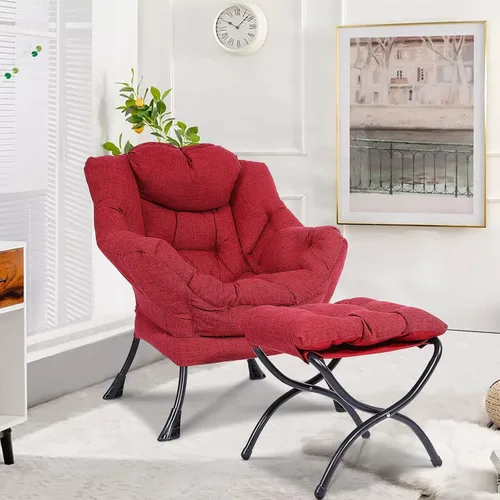 Vista 2 de Silla perezosa moderna con otomana portátil, silla de salón contemporánea con marco de acero, juego de sofá de ocio con reposapiés, reposabrazos