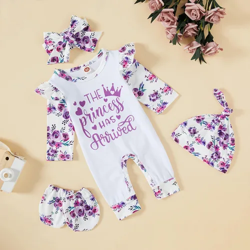 Vista 2 de GRNSHTS Conjunto de ropa para bebé recién nacida, mameluco con estampado de letras, sombrero+diadema para llegar a casa