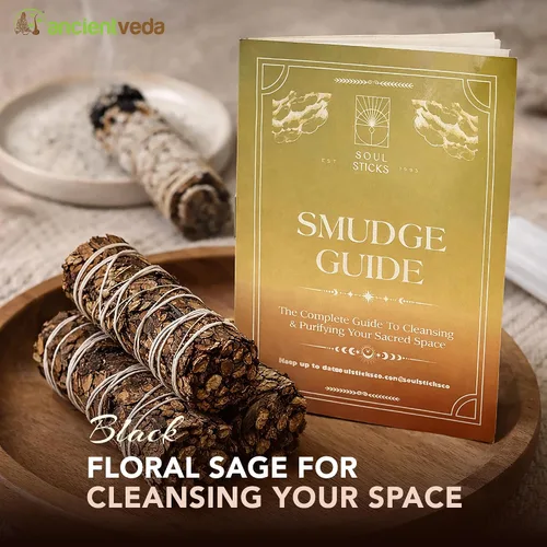 Vista 2 de Ancient Veda Manojos de salvia negra de 4 pulgadas con guía de inicio, salvia floral orgánica para limpieza del hogar, paquete grande de palos