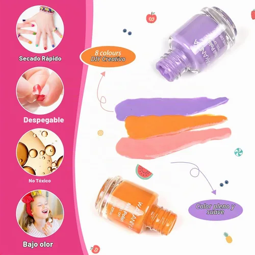 Vista 3 de wakaniya Kit de esmalte de uñas para niños, no tóxico, secado rápido, despegable, mini esmalte de uñas para niños pequeños con calcomanías de gemas