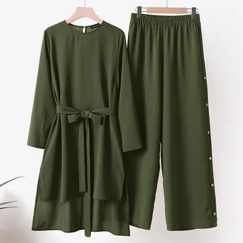 Vista 2 de Conjunto de 2 piezas para mujer, casual, color liso, retro, talla grande, camisa de cintura alta, suelto, pantalón largo musulmán, traje de pantalón