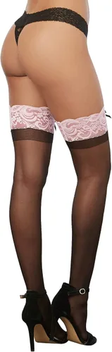 Vista 4 de Dreamgirl Medias transparentes para mujer con encaje en contraste y lazo