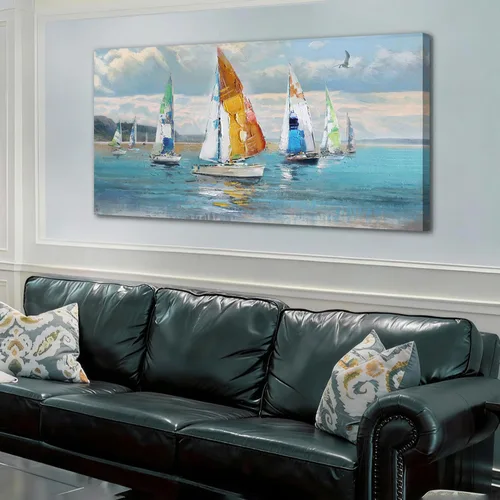 Vista 12 de Ardemy Arte de pared de barco de velero, arte abstracto azul con textura náutica, pintura costera grande para sala de estar, dormitorio, oficina
