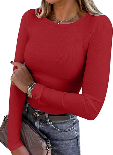 Vista 27 de ANRABESS - Camisetas de manga larga para mujer, de punto acanalado, ajustadas, básicas, 2025, informales, para usar a capas o debajo del uniforme