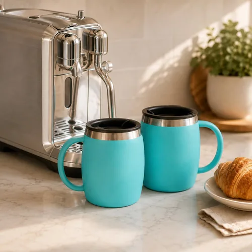 Vista 8 de Juego de 2 tazas de café aisladas de acero inoxidable (14 onzas) de doble pared con tapa y asa resistentes a derrames, tazas inastillables para Azul